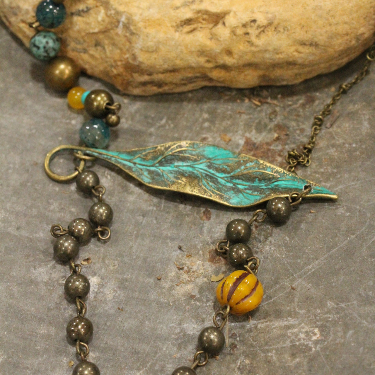 Verdigris & Jade Leaf & Pumpkin Layered Fall Necklace