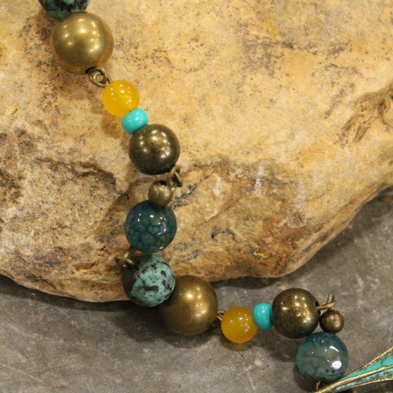 Verdigris & Jade Leaf & Pumpkin Layered Fall Necklace