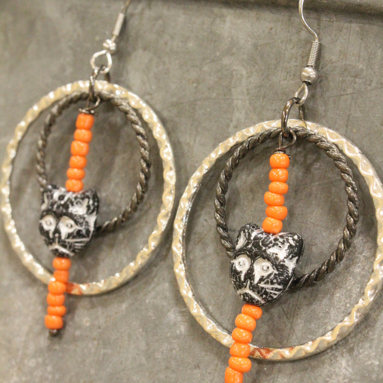 Czech Black Cat And Linking Rings Earrings