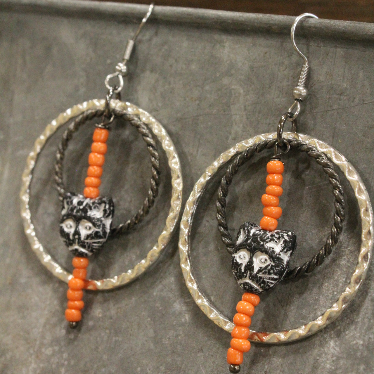 Czech Black Cat And Linking Rings Earrings