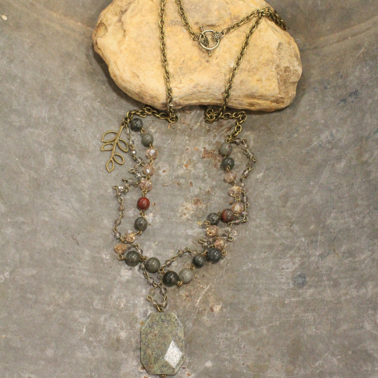 Double Layered  Rosary Chain Stone Drop Necklace