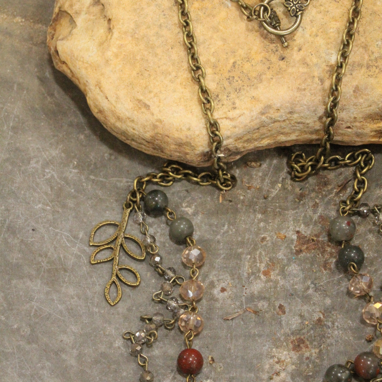 Double Layered  Rosary Chain Stone Drop Necklace