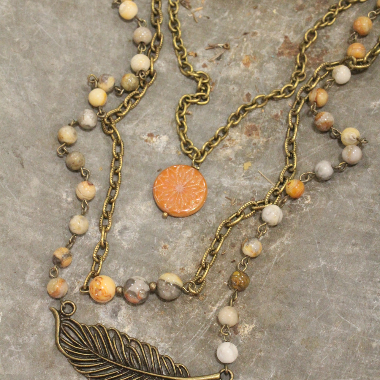 Feather & Czech Bronze Stone Fall Layered Necklace