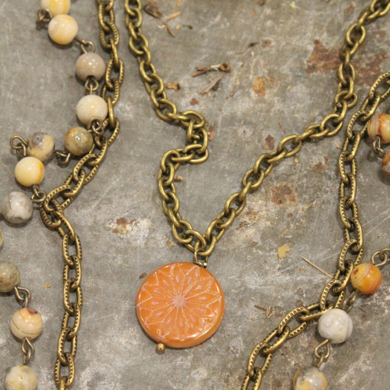 Feather & Czech Bronze Stone Fall Layered Necklace