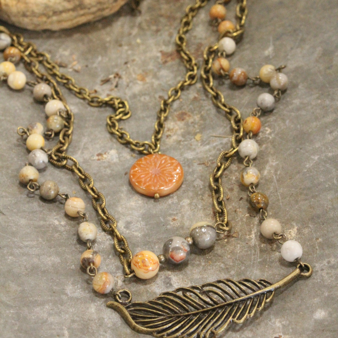 Feather & Czech Bronze Stone Fall Layered Necklace