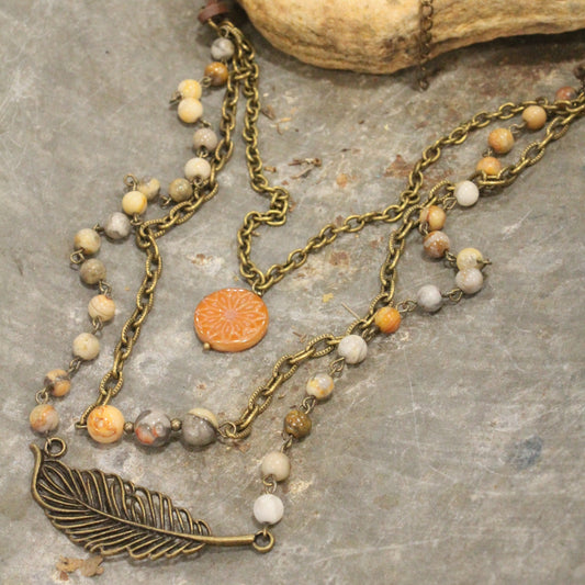 Feather & Czech Bronze Stone Fall Layered Necklace