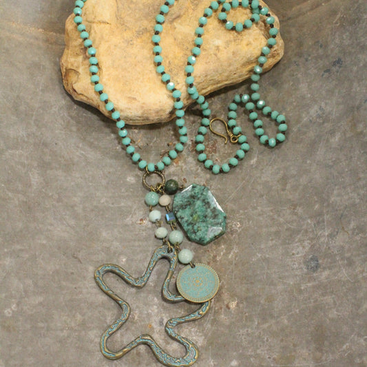 Beaded Turquoise Stone & Flower Drop Necklace