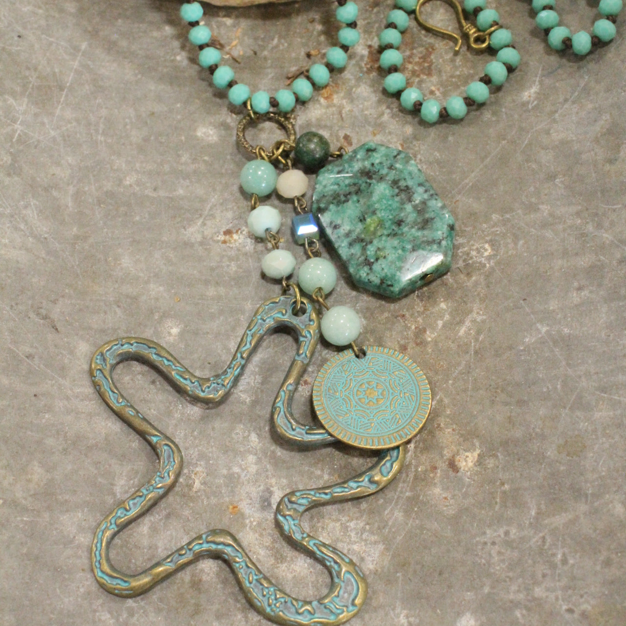 Beaded Turquoise Stone & Flower Drop Necklace