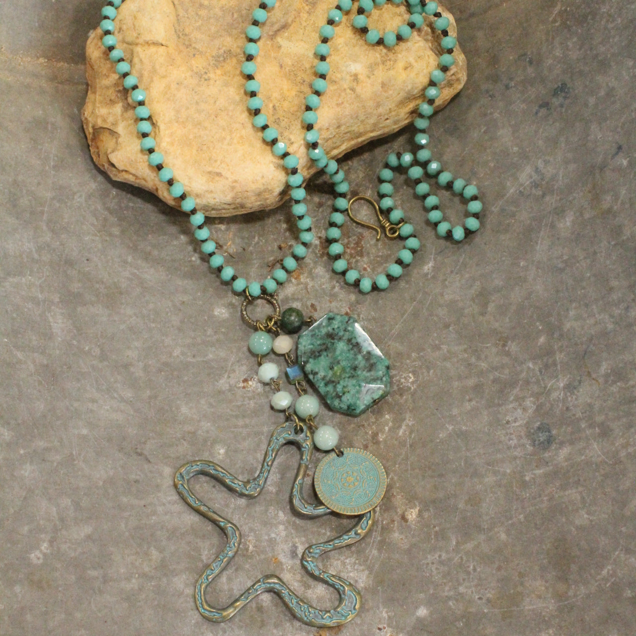 Beaded Turquoise Stone & Flower Drop Necklace