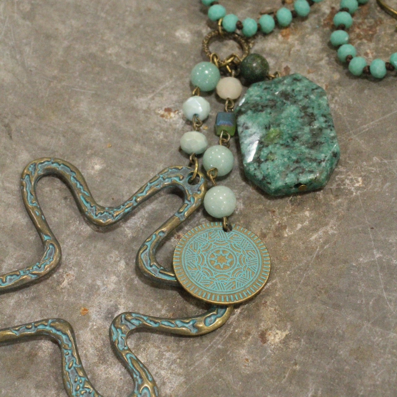 Beaded Turquoise Stone & Flower Drop Necklace