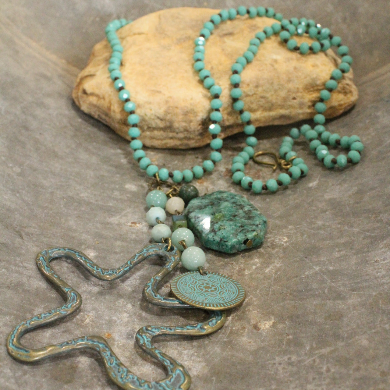 Beaded Turquoise Stone & Flower Drop Necklace