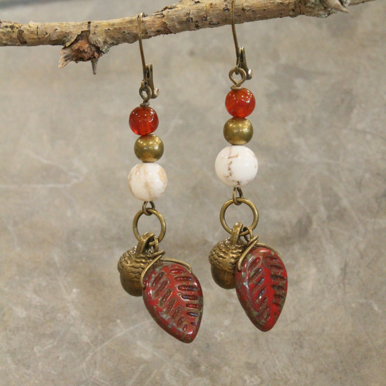 Fall Czech Leaf & Acorn Drop Earrings