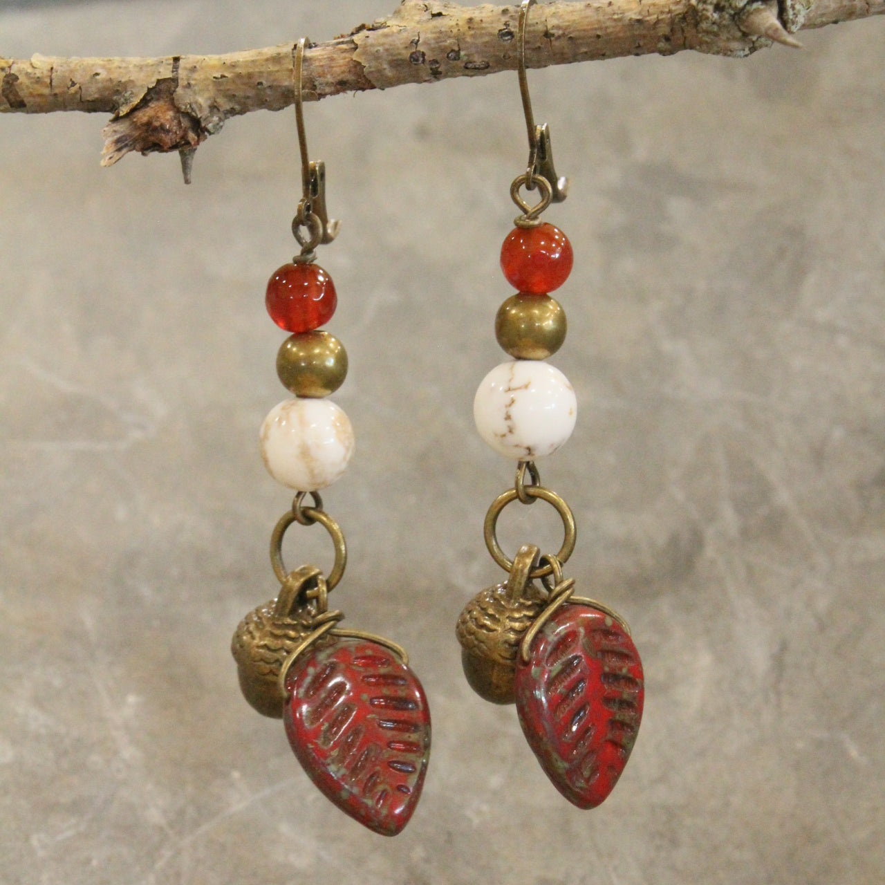 Fall Czech Leaf & Acorn Drop Earrings