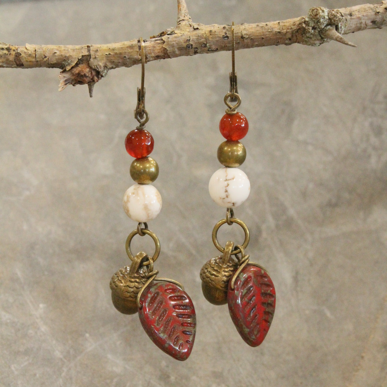 Fall Czech Leaf & Acorn Drop Earrings