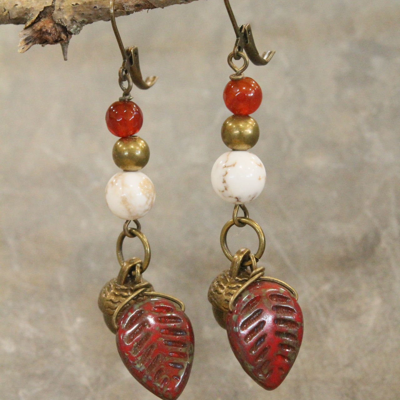 Fall Czech Leaf & Acorn Drop Earrings