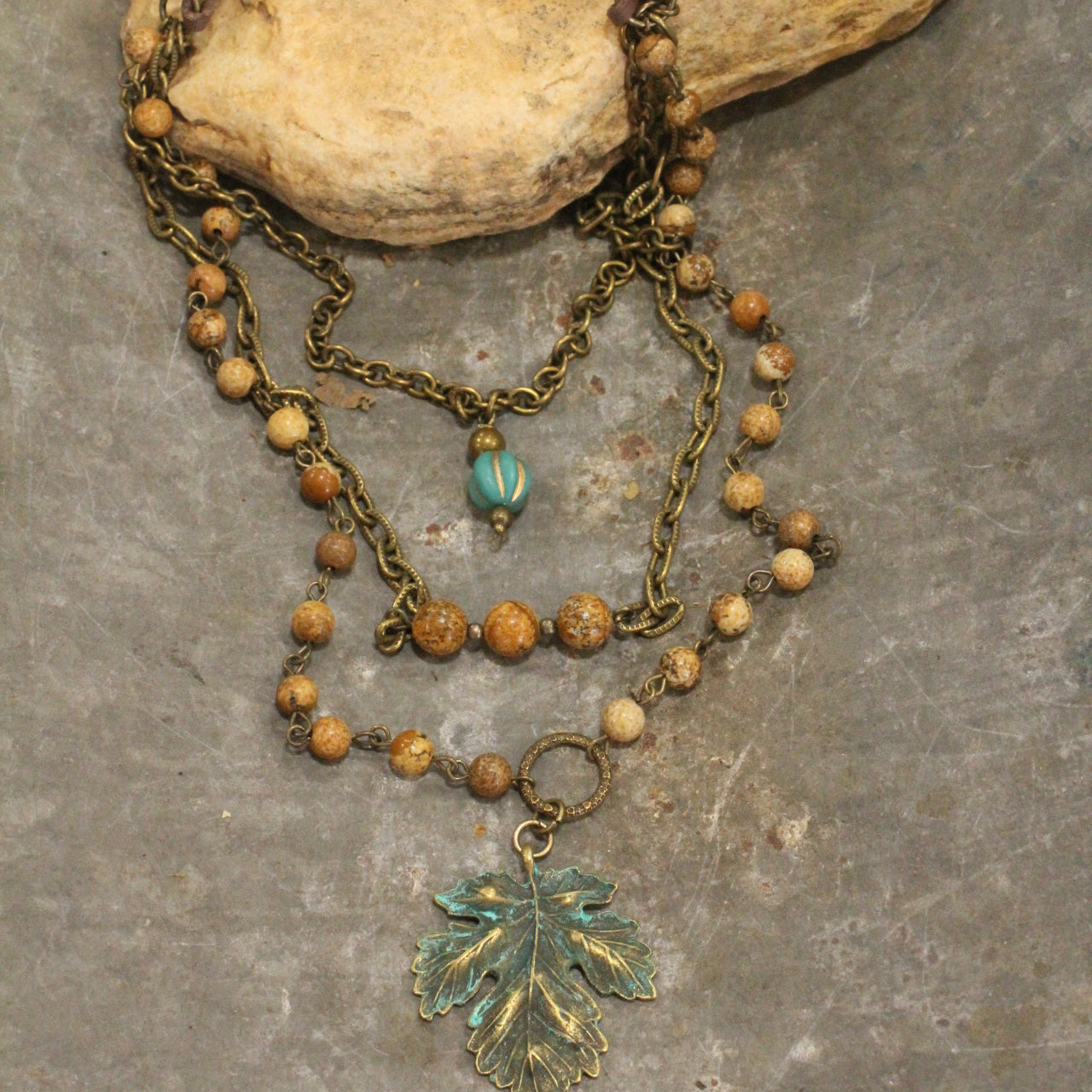 Verdigris Leaf & Czech Pumpkin Fall Layered Necklace