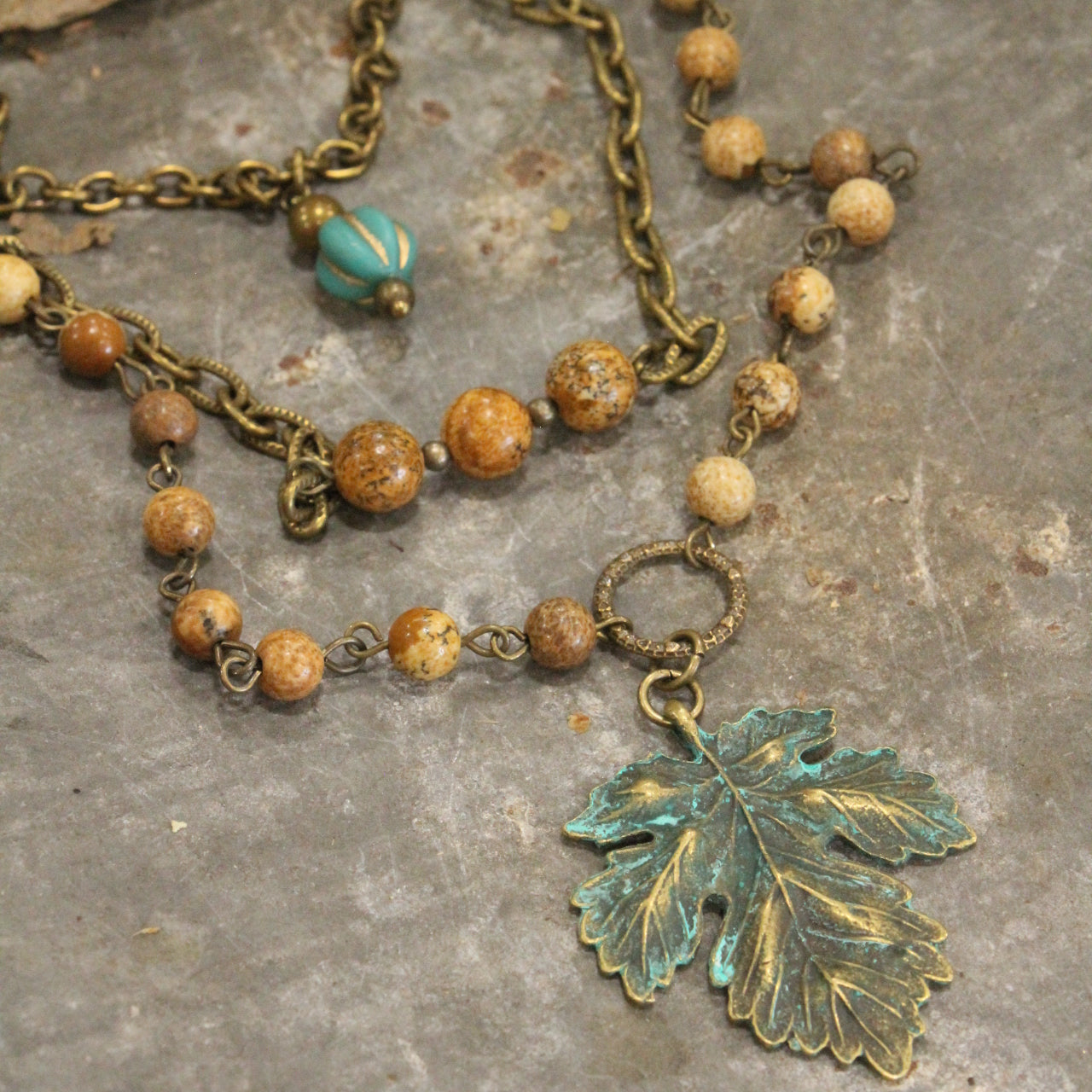 Verdigris Leaf & Czech Pumpkin Fall Layered Necklace