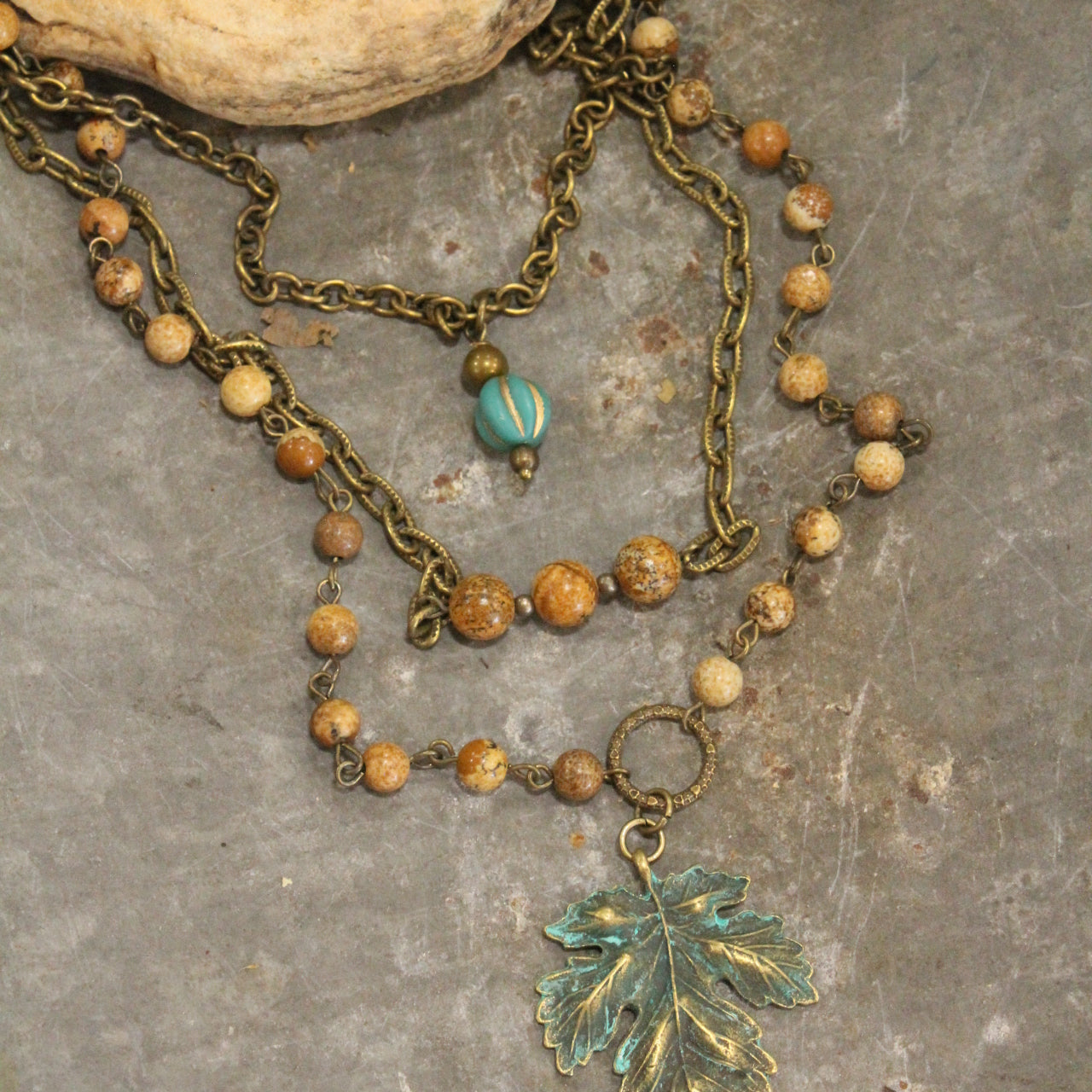 Verdigris Leaf & Czech Pumpkin Fall Layered Necklace