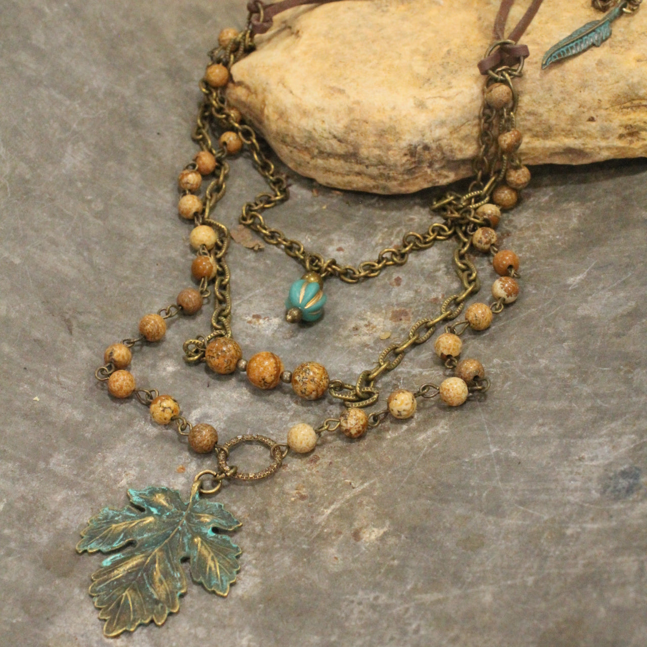 Verdigris Leaf & Czech Pumpkin Fall Layered Necklace