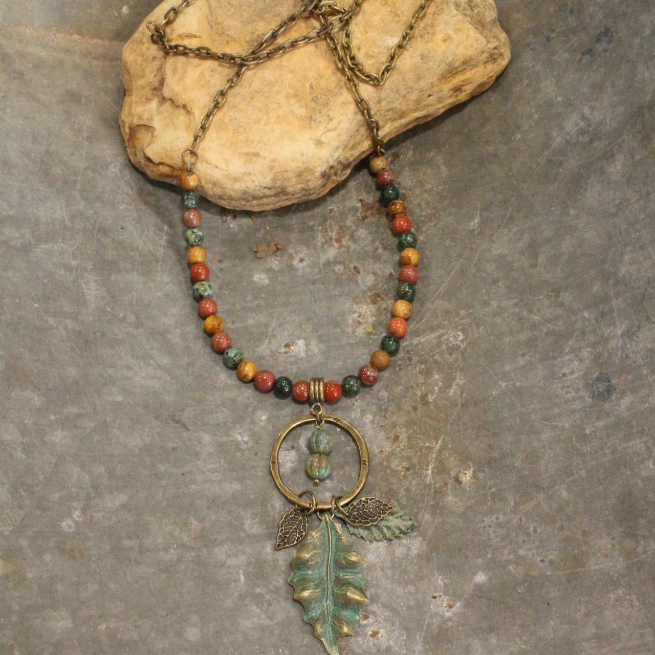 Verdigris Leaf & Czech Pumpkin Stone Necklace