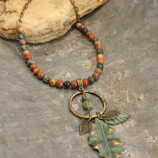 Verdigris Leaf & Czech Pumpkin Stone Necklace