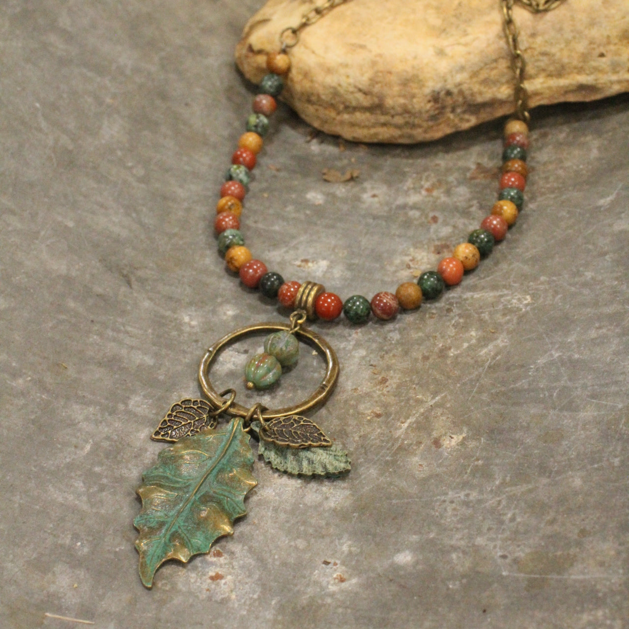 Verdigris Leaf & Czech Pumpkin Stone Necklace