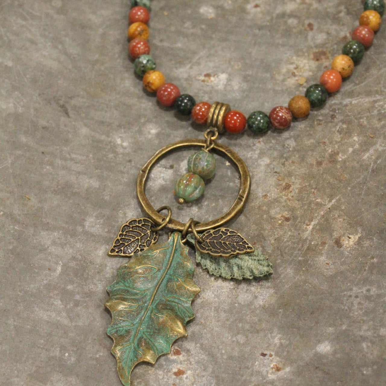 Verdigris Leaf & Czech Pumpkin Stone Necklace