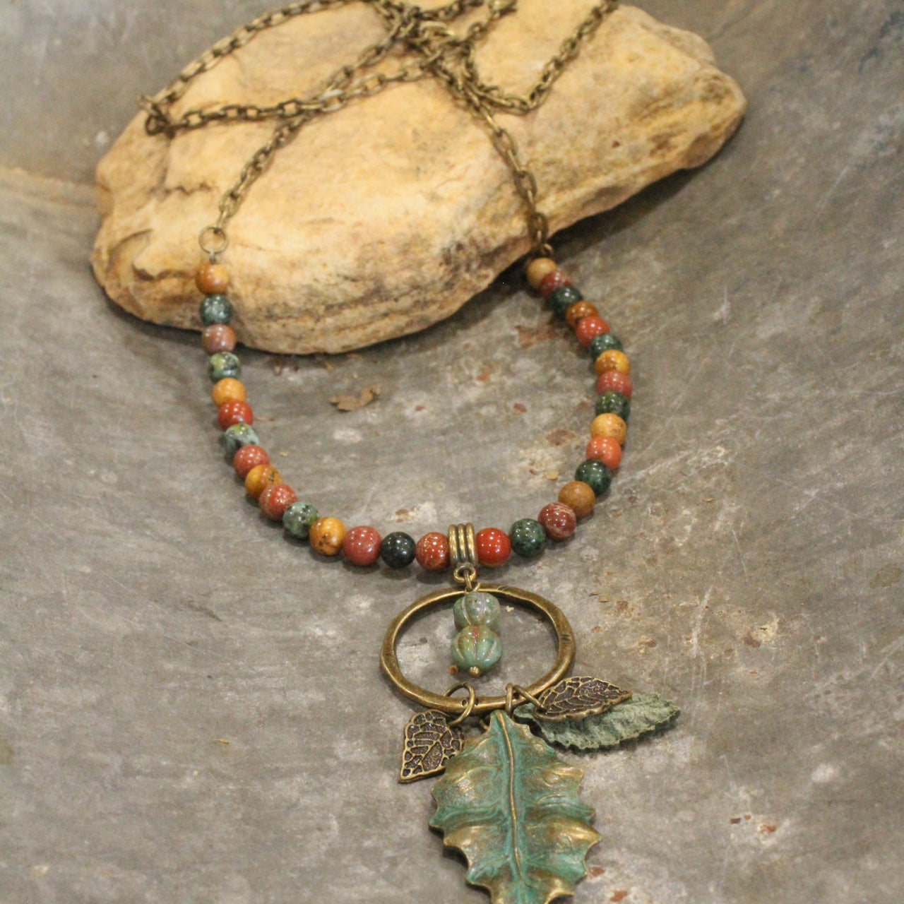 Verdigris Leaf & Czech Pumpkin Stone Necklace