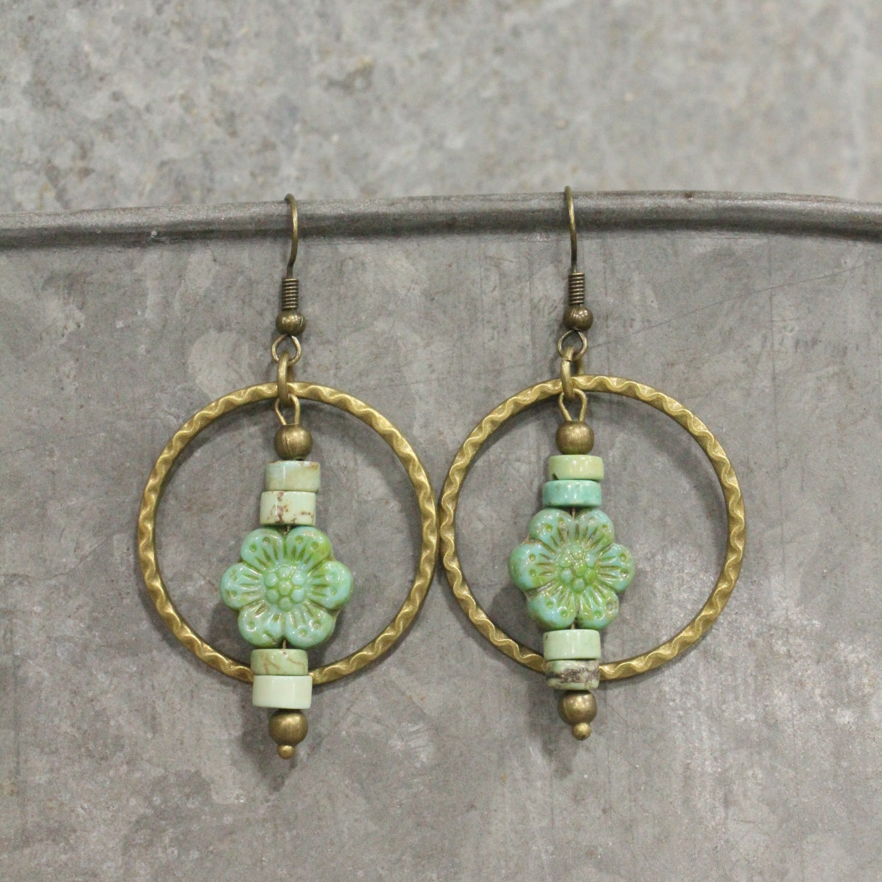Czech Glass Flower Bronze Dangle Earrings