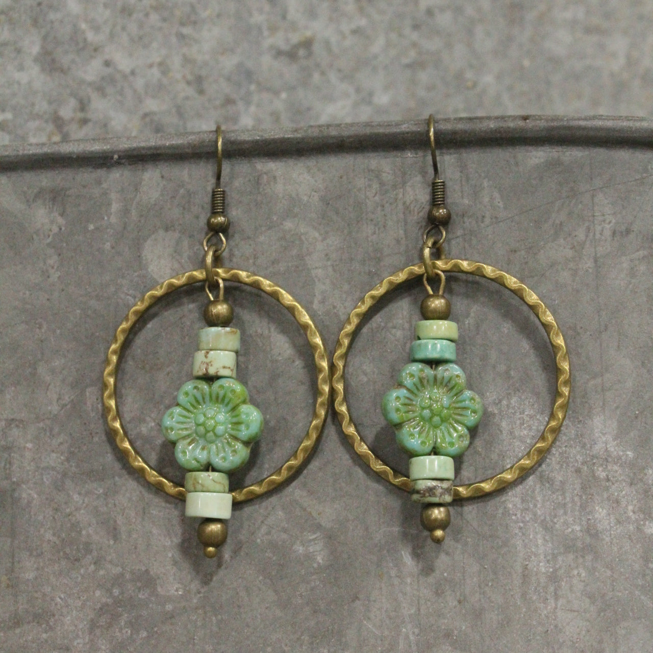 Czech Glass Flower Bronze Dangle Earrings