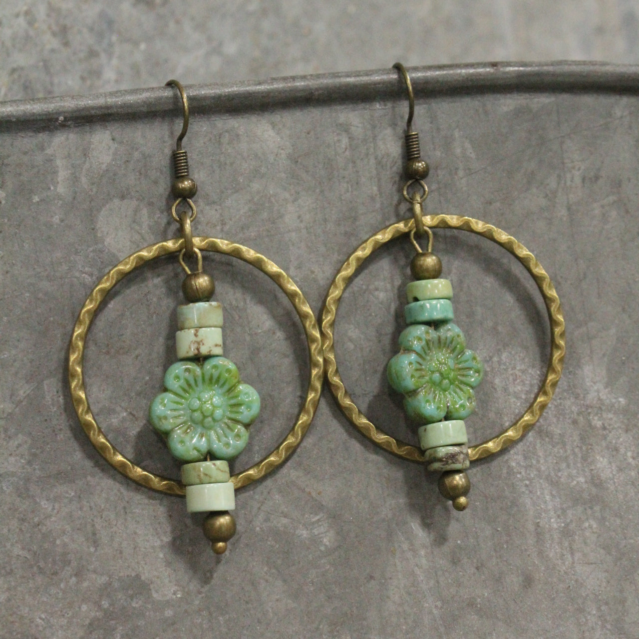 Czech Glass Flower Bronze Dangle Earrings