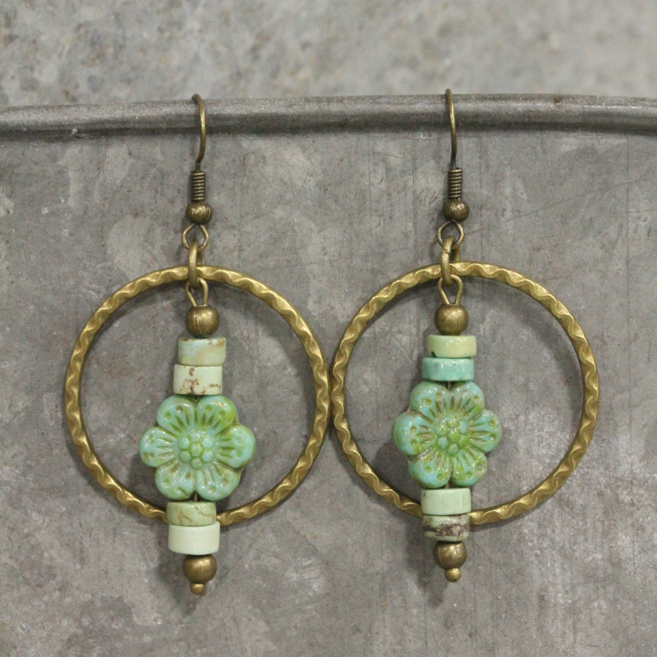 Czech Glass Flower Bronze Dangle Earrings