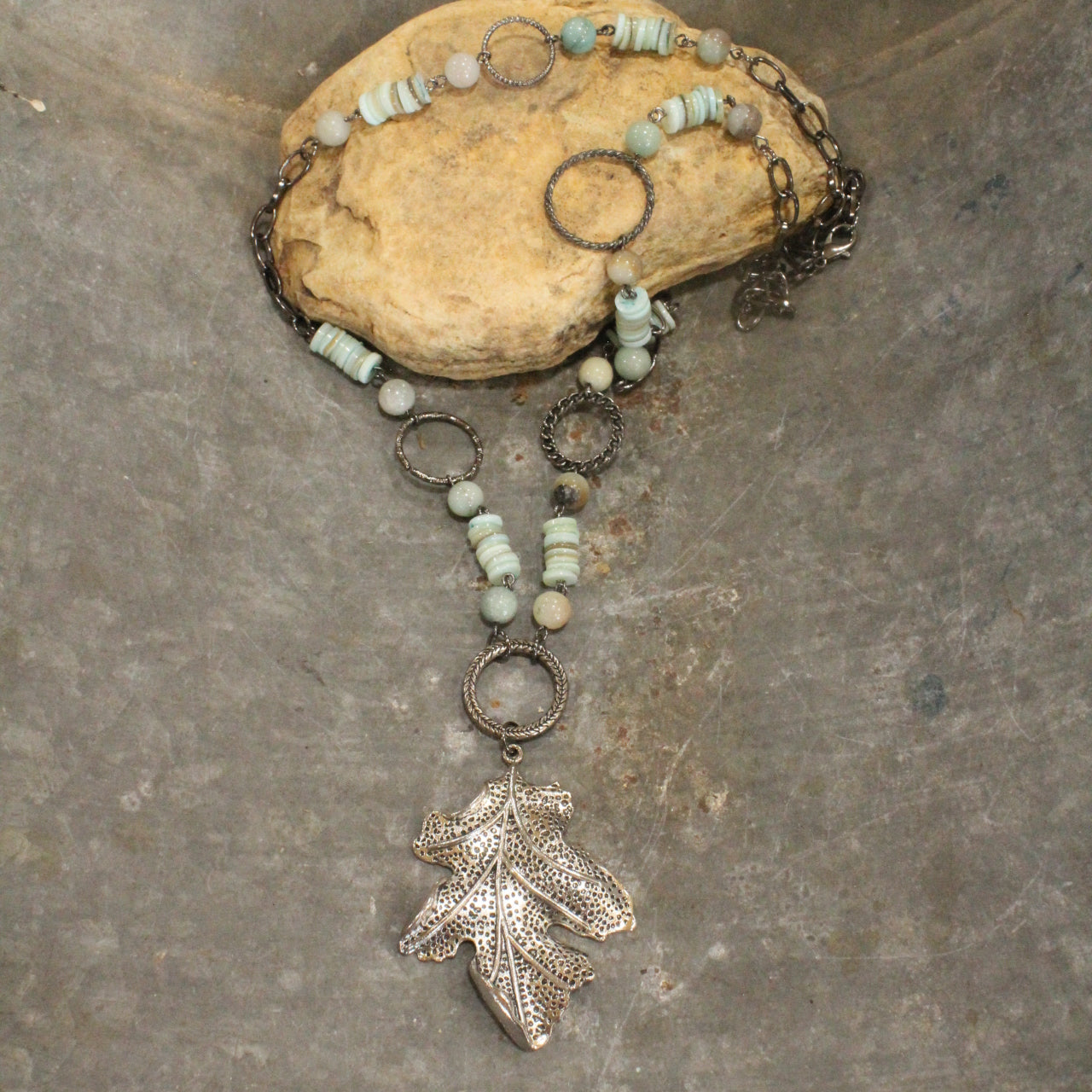 Mint Shell & Hematite Fall Leaf Pendant Necklace