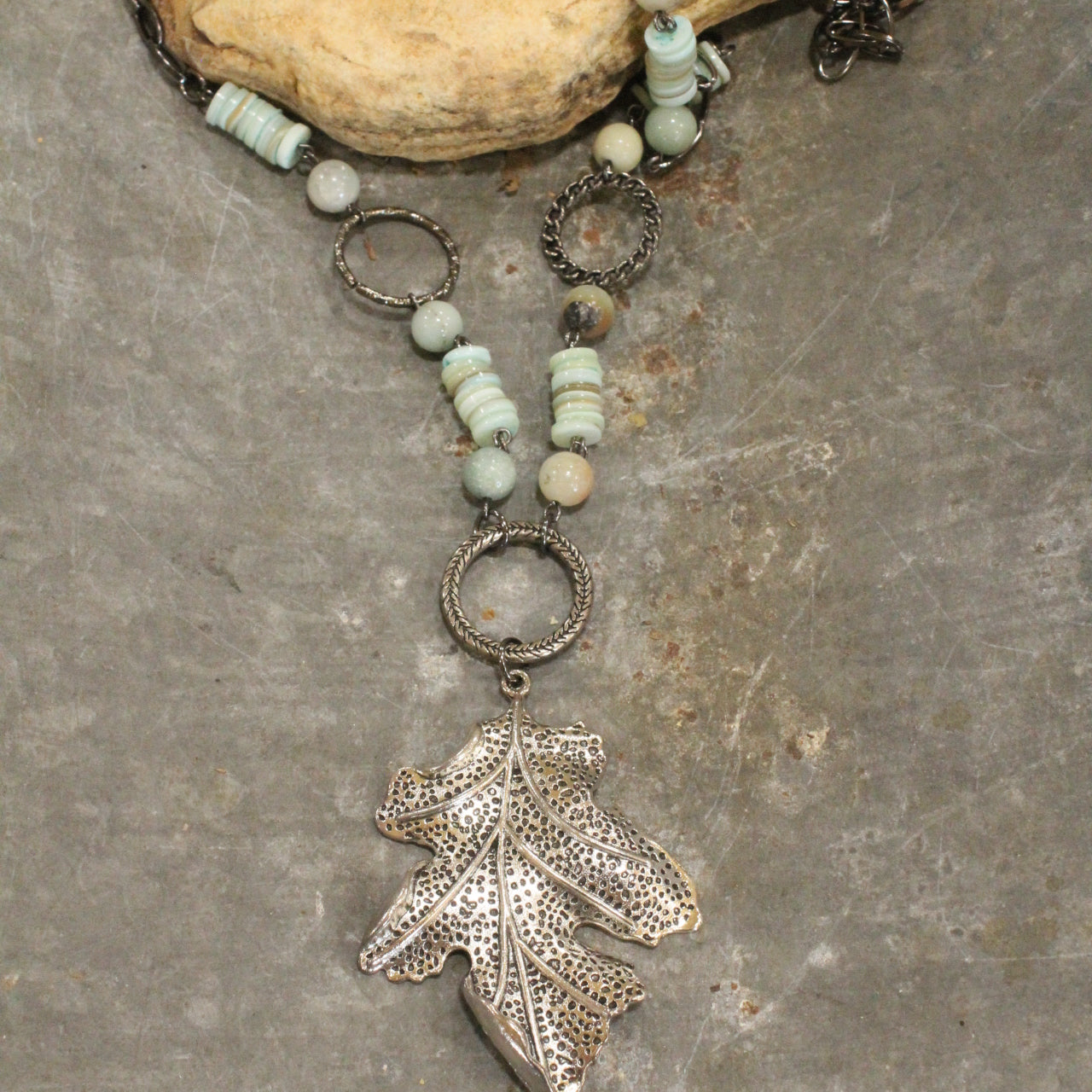 Mint Shell & Hematite Fall Leaf Pendant Necklace