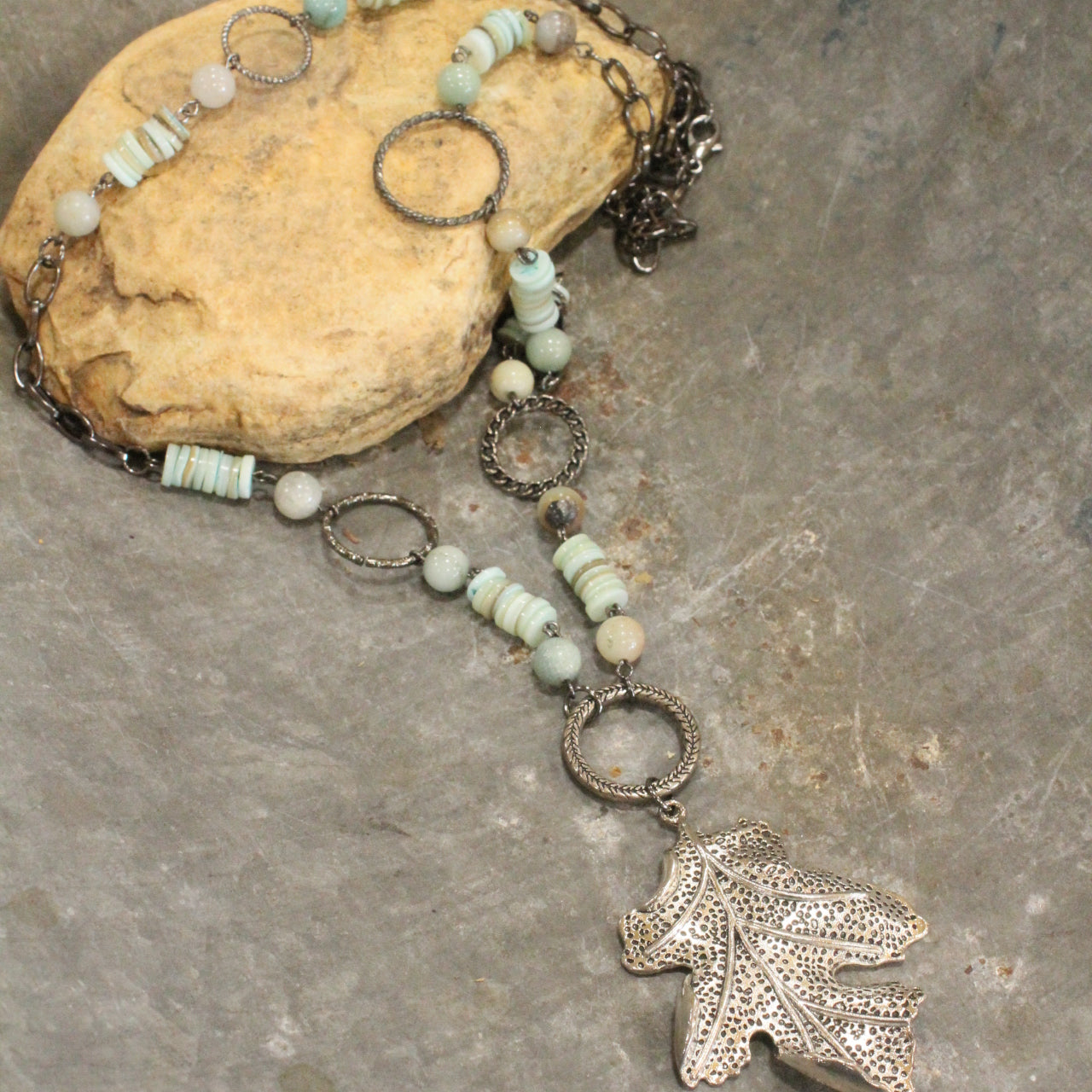 Mint Shell & Hematite Fall Leaf Pendant Necklace