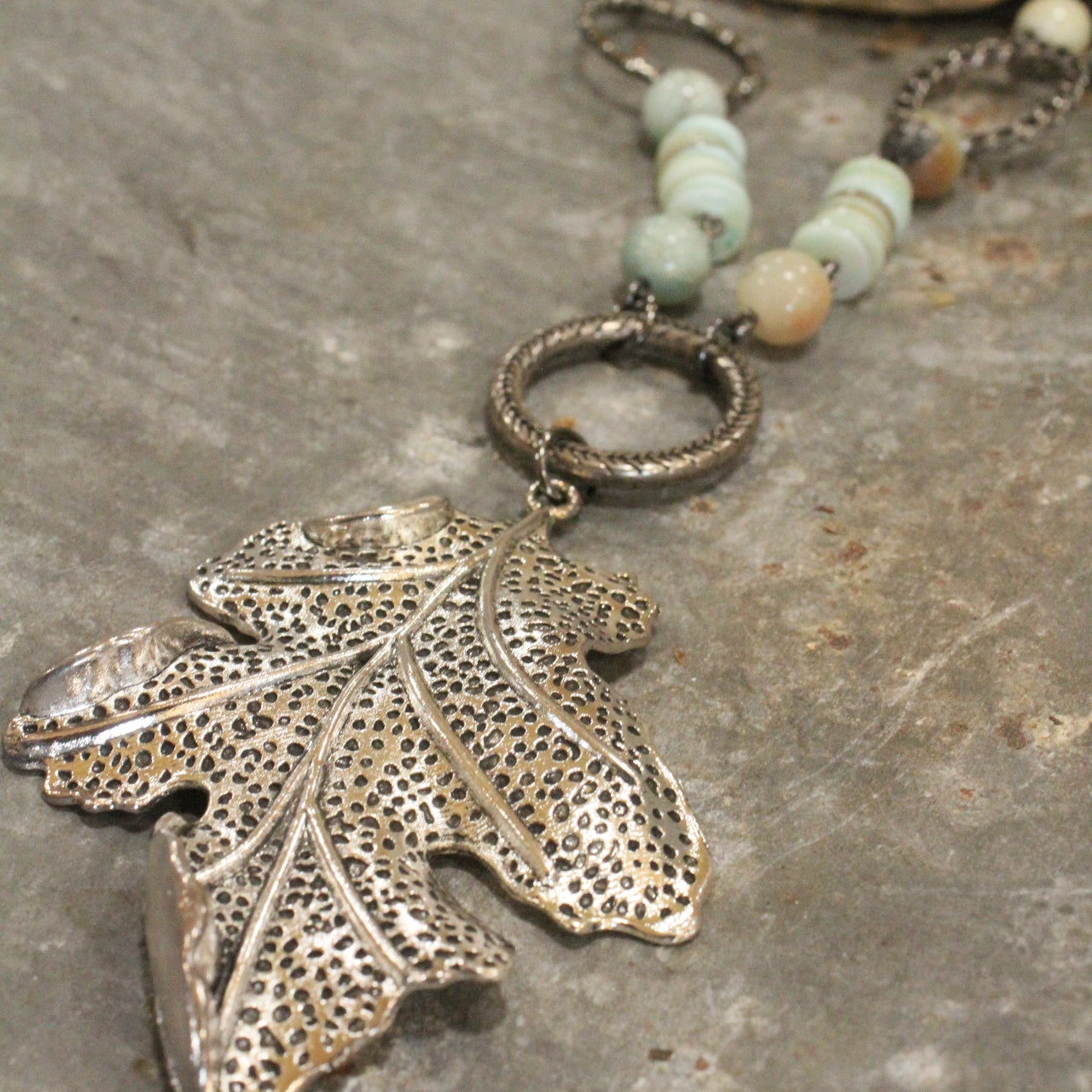 Mint Shell & Hematite Fall Leaf Pendant Necklace