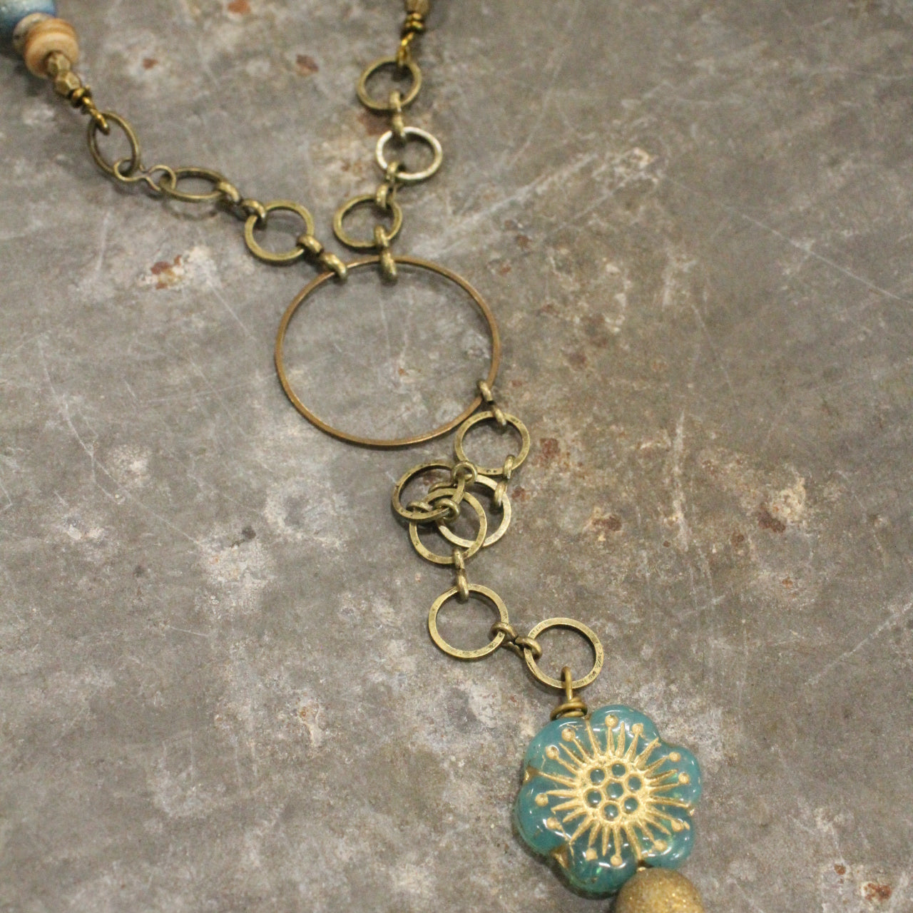 Bronze & Czech Flower Vintage Necklace