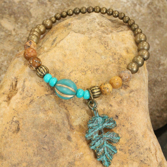 Verdigris Leaf & Czech Pumpkin Fall Stretch Bracelet