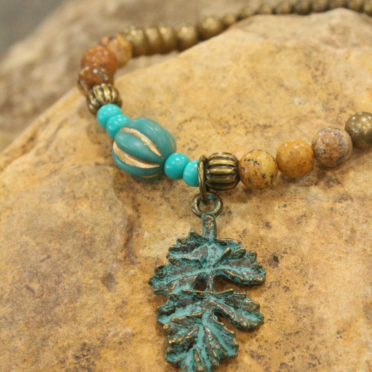 Verdigris Leaf & Czech Pumpkin Fall Stretch Bracelet