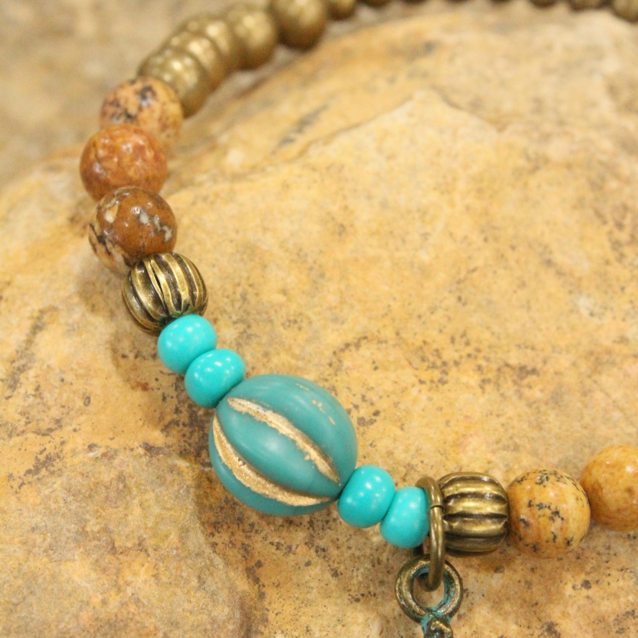 Verdigris Leaf & Czech Pumpkin Fall Stretch Bracelet