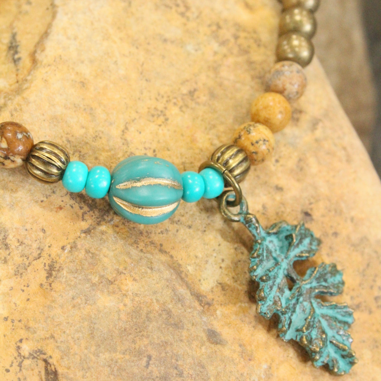 Verdigris Leaf & Czech Pumpkin Fall Stretch Bracelet