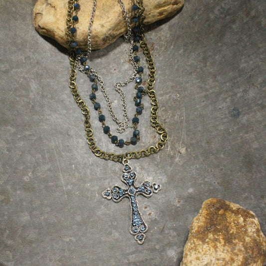 Ocean Blue Cross Triple Layered Necklace