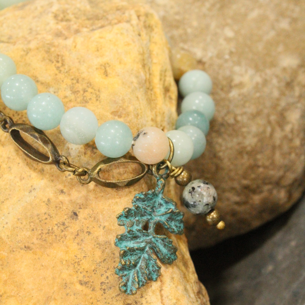 Verdigris Leaf & Beaded Stone Stretch Bracelet