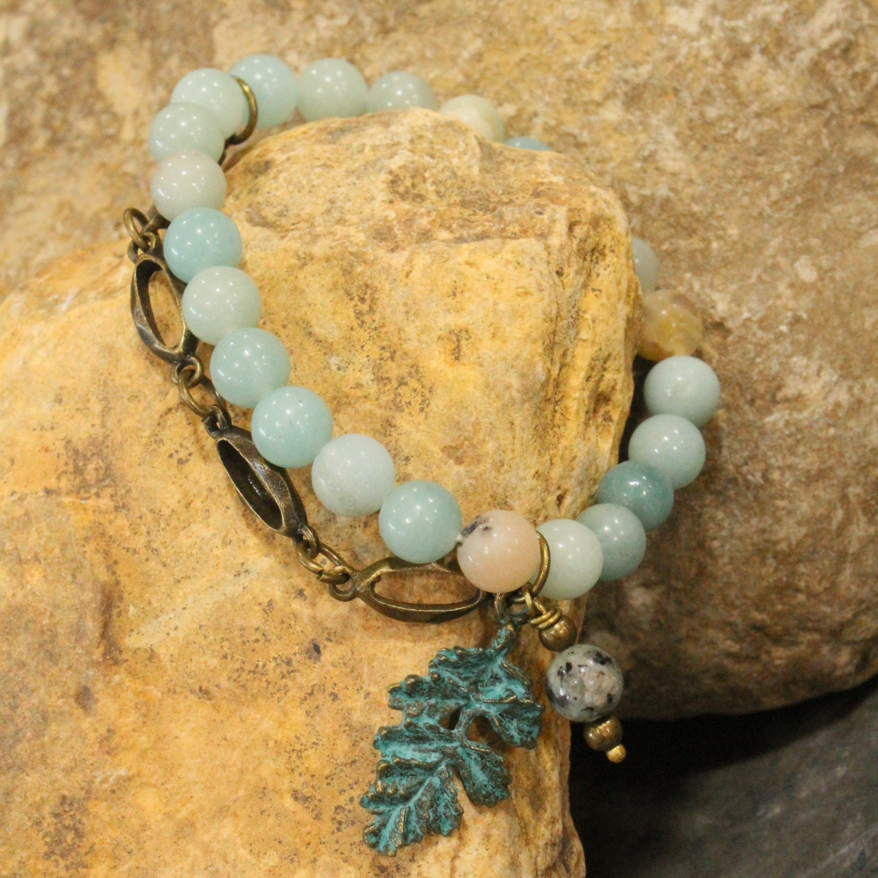 Verdigris Leaf & Beaded Stone Stretch Bracelet