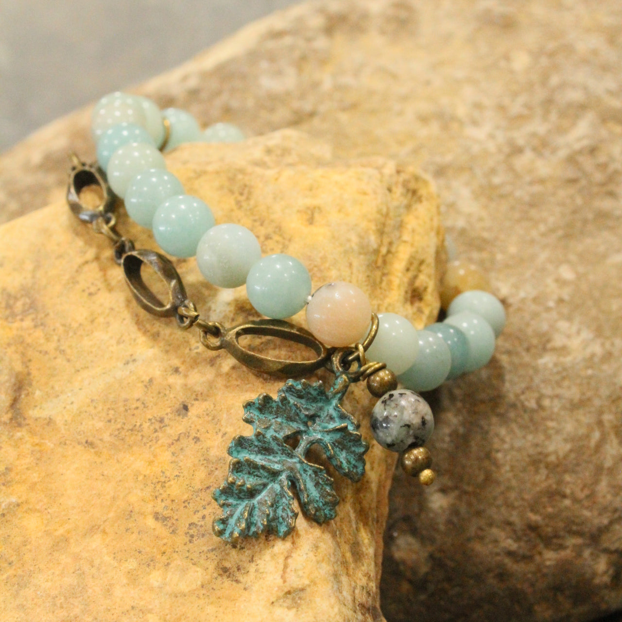 Verdigris Leaf & Beaded Stone Stretch Bracelet