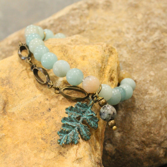 Verdigris Leaf & Beaded Stone Stretch Bracelet