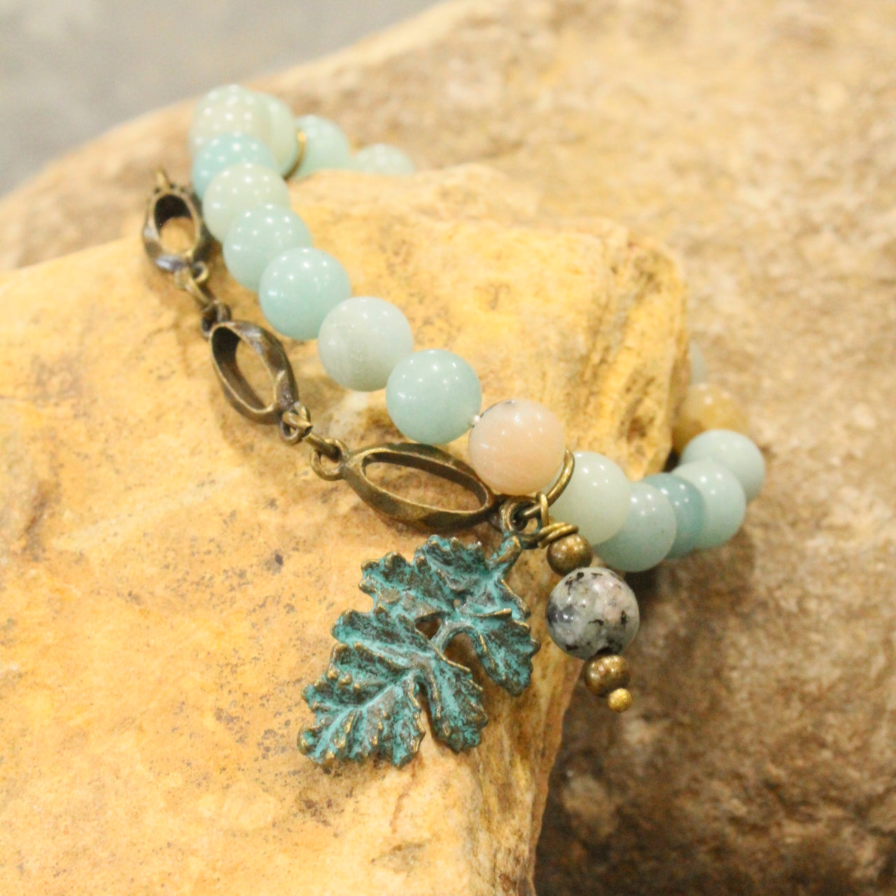 Verdigris Leaf & Beaded Stone Stretch Bracelet