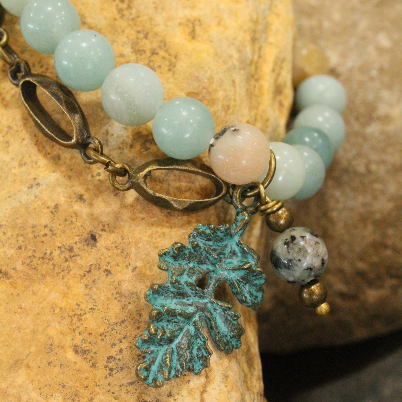 Verdigris Leaf & Beaded Stone Stretch Bracelet