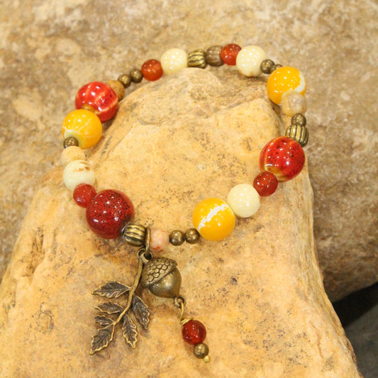 Rusty Beaded Fall Leaf Stretch Bracelet