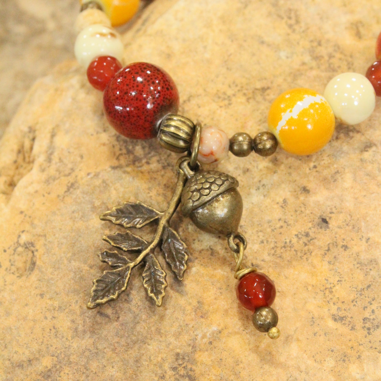 Rusty Beaded Fall Leaf Stretch Bracelet